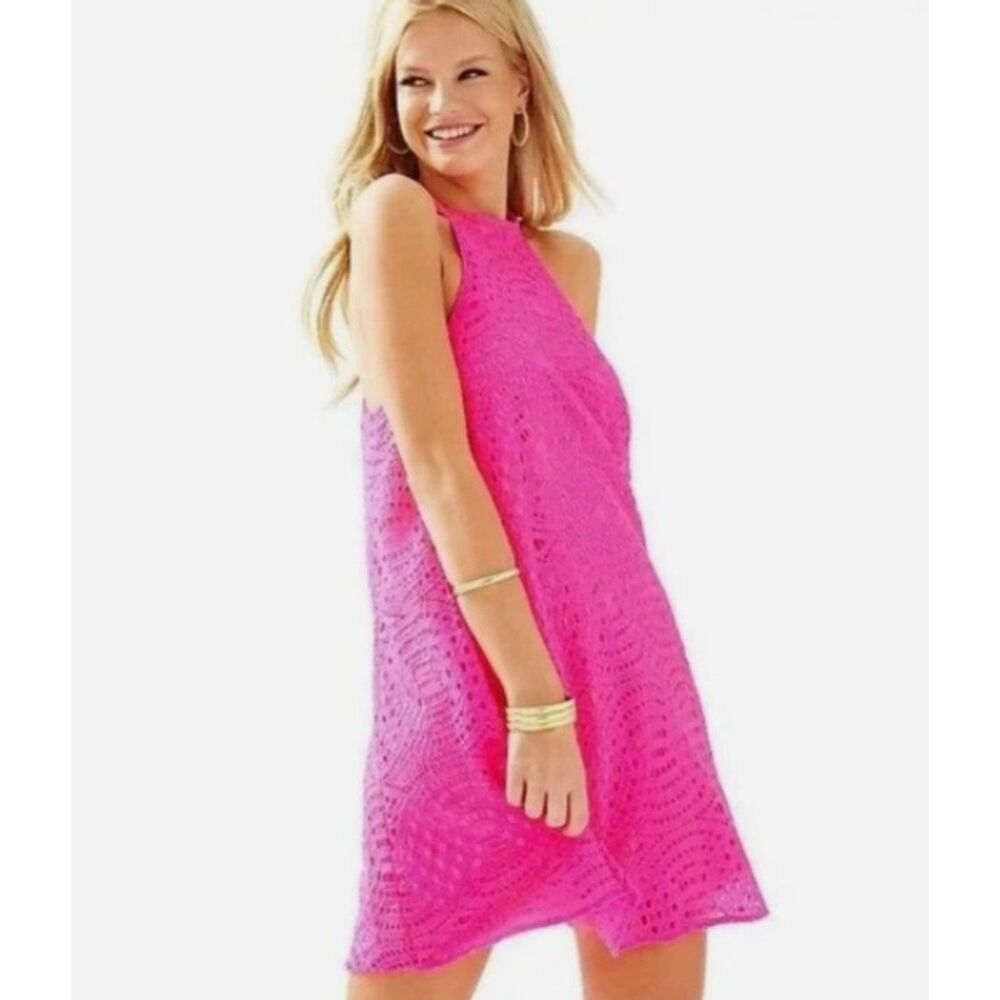 Lilly Pulitzer - Quinn Dress Knotty Lace Hot Pink Halter Swing Dress - XS